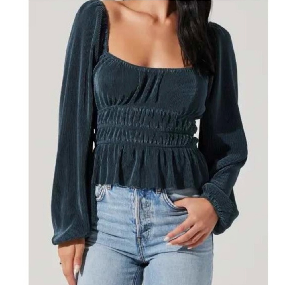 ASTR The Label Women's Ziva Plisse Smocked Long Sleeve Top in Deep Teal